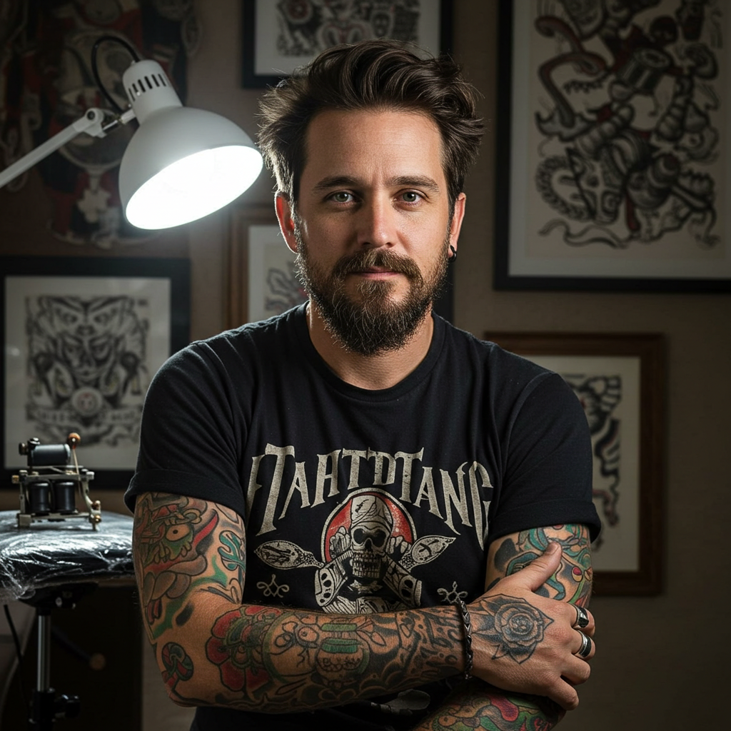 Retrato do tatuador Mark Greegor.